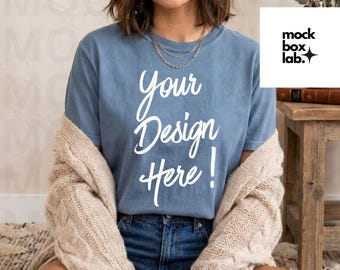 Comfort Colors C1717 Blue Jean Shirt Mockup 1717 Blue T-shirt Mockup Pinterest Aesthetic Tee Cozy Summer Boho Tshirt Mockup Digital Download