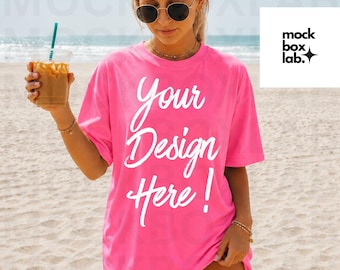 C1717 Neon Pink Mockup Comfort Colors T-shirt Mock Summer Mocks Beach Mockup 1717 Neon Pink Mockup Lifestyle Trendy T-Shirt Mock
