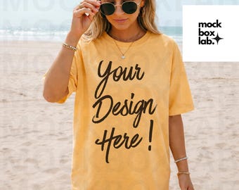 Comfort Colors 1717 Citrus Mockup C1717 Summer Lifestyle Mockup Pinterest Model Influencer Trendy Beach Yellow Shirt Mockup Digital Download