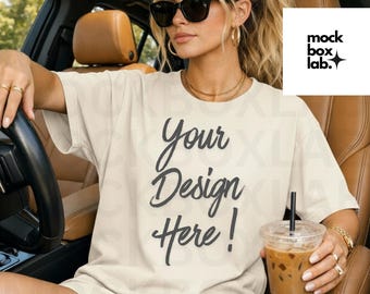 Comfort Colors 1717 Ivory T-Shirt Mockup, CC 1717 Ivory Mock, Car Lifestyle Model Photo, Garment Dyed Tee Front view Digital Download