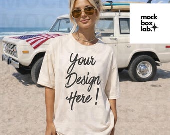 Beach Model Ivory T-Shirt Mockup Comfort Colors C1717 Ivory Summer Lifestyle Mockup Boho Model Mock Americana Shirt Mockup Digital Download