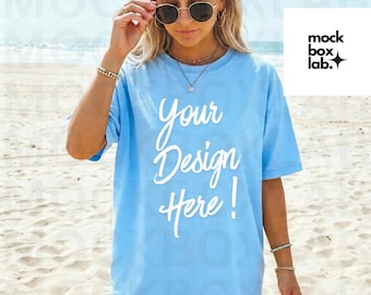 Comfort Colors 1717 Chambray Mockup C1717 Summer Lifestyle Mockup Pinterest Model Influencer Trendy Beach Shirt Mock Digital Download