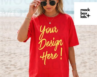 Comfort Colors 1717 Paprika Mockup C1717 Summer Lifestyle Mockup Pinterest Model Influencer Trendy Beach Red T-Shirt Mockup Digital Download