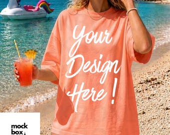 Comfort Colors 1717 Neon Cantaloupe Mockup C1717 Summer Lifestyle Mockup Pinterest Model Boho Trendy Beach Shirt Mock 1717 Neon Cantaloupe