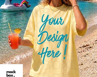 Comfort Colors 1717 Butter Mockup C1717 Summer Lifestyle Mockup Pinterest Model Boho Trendy Beach Yellow Shirt Mock 1717 Butter Mockup