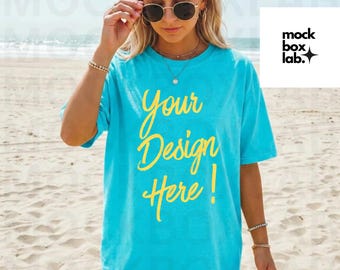 Comfort Colors C1717 Lagoon Blue Mockup C1717 Summer Lifestyle Mockup Pinterest Model Influencer Trendy Beach T-shirt Mock Digital Download