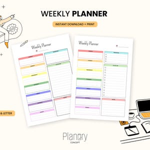 Può includere: Due pagine di pianificatore settimanale con sezioni colorate per ogni giorno, liste di cose da fare e note. Il testo "WEEKLY PLANNER" e "INSTANT DOWNLOAD + PRINT" sono visualizzati. L'immagine include anche un'illustrazione.