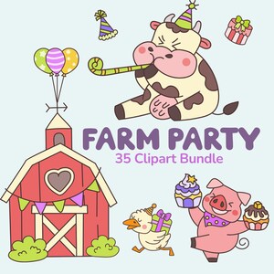 Pode incluir: Uma ilustração digital com um celeiro vermelho com janela em forma de coração, uma vaca com chapéu de festa, um porco segurando dois cupcakes e um pato com um presente. O texto diz FARM PARTY 35 Clipart Bundle em letras roxas.