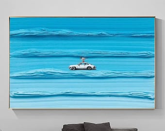 Cuadro decorativo de Porsche en lienzo | Arte minimalista azul | Cuadro decorativo con textura degradada azul | Arte de coches Porsche azules | Arte 3D azul | Regalo único
