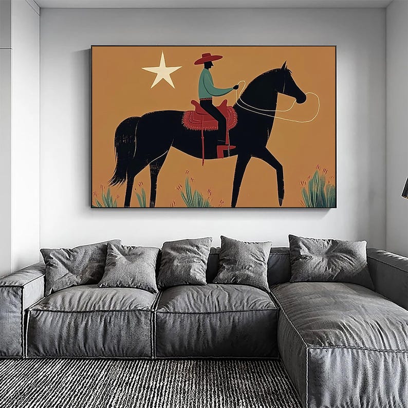 Japandi Western Conwboy Wall Art Original Western Cowboy and Horse Oil ...