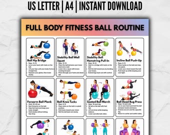 Full Body Fitness Ball | Stability Ball Exercise Chart, Home Workout Plan, Full Body Exercises | Fitness Poster, Workout PDF, Lose Weight
