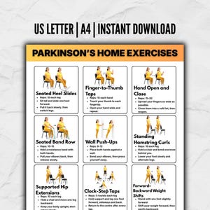 Rutina de ejercicios en casa para personas con Parkinson (PDF imprimible), tabla de movilidad y equilibrio de 12 ejercicios, monitor de actividad física para personas mayores / A4, tamaño carta estadounidense (descarga digital)
