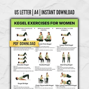 Pode incluir: Uma tabela de instruções digital intitulada Kegel Exercises for Women com ilustrações de várias posições de exercício, incluindo kegels de elevador, sentados, em pé, ponte, agachamento na cadeira e deitados de lado com instruções para cada movimento.