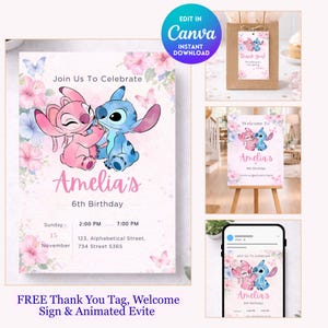 Stitch and Angel Birthday Invitation Template Editable in Canva, Lilo and Stitch Party Invite, Animated Invite, Welcome Sign, Thank You Tag