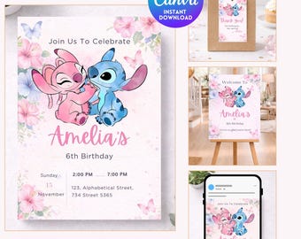 Modèle d'invitation d'anniversaire Stitch et Angel modifiable sur Canva, invitation pour une fête Lilo et Stitch, invitation animée, panneau de bienvenue, étiquette de remerciement
