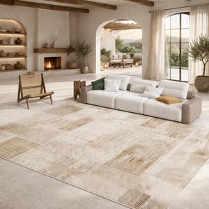 Modern beige vloerkleed – neutraal minimalistisch tapijt, Scandinavische vloerkleed woonkamer