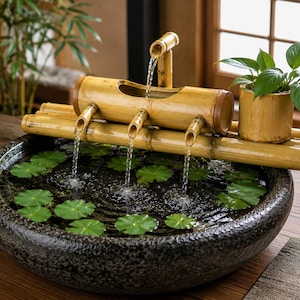 May include: A bamboo water fountain with a dark stone basin. Water flows from bamboo spouts into the basin, which contains lily pads. A small potted plant sits on the bamboo structure. The fountain is a natural, zen-like decor item.