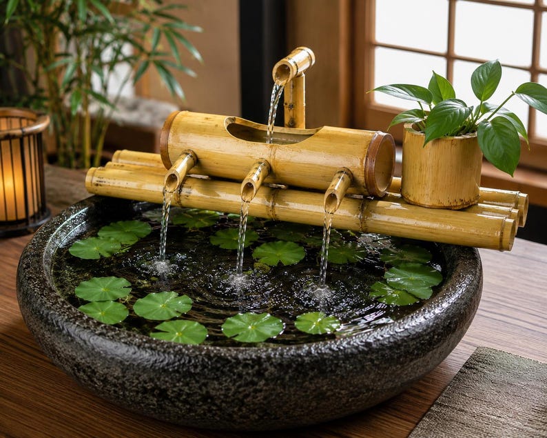 May include: A bamboo water fountain with a dark stone basin. Water flows from bamboo spouts into the basin, which contains lily pads. A small potted plant sits on the bamboo structure. The fountain is a natural, zen-like decor item.