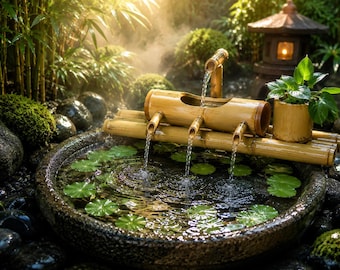 Bamboo Water Fountain, Japanese Zen Tabletop Decor, Relaxing Feng Shui Water Feature