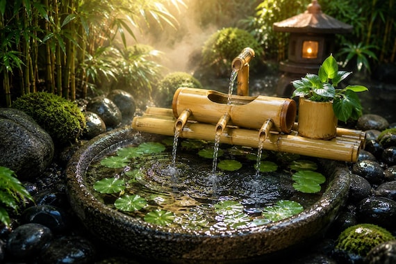 Bamboo Water Fountain, Japanese Zen Tabletop Decor, Relaxing Feng Shui Water Feature