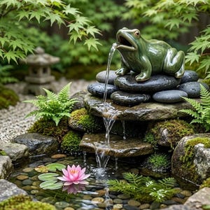 Puede incluir: Fuente de jardín con una estatua de rana verde. El agua fluye de la boca de la rana sobre rocas y musgo. Una flor de loto rosa flota en el estanque, rodeada de vegetación.