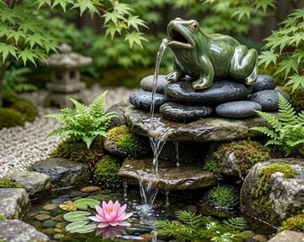 Green Frog Fountain Statue | Outdoor Zen Water Feature | Garden Pond Decor with Pump