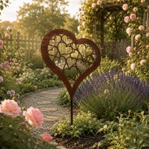 May include: A rust-colored metal garden stake featuring a large heart-shaped frame filled with a decorative cutout pattern of multiple smaller, overlapping hearts. The structure is supported by a thin, straight vertical metal rod base.