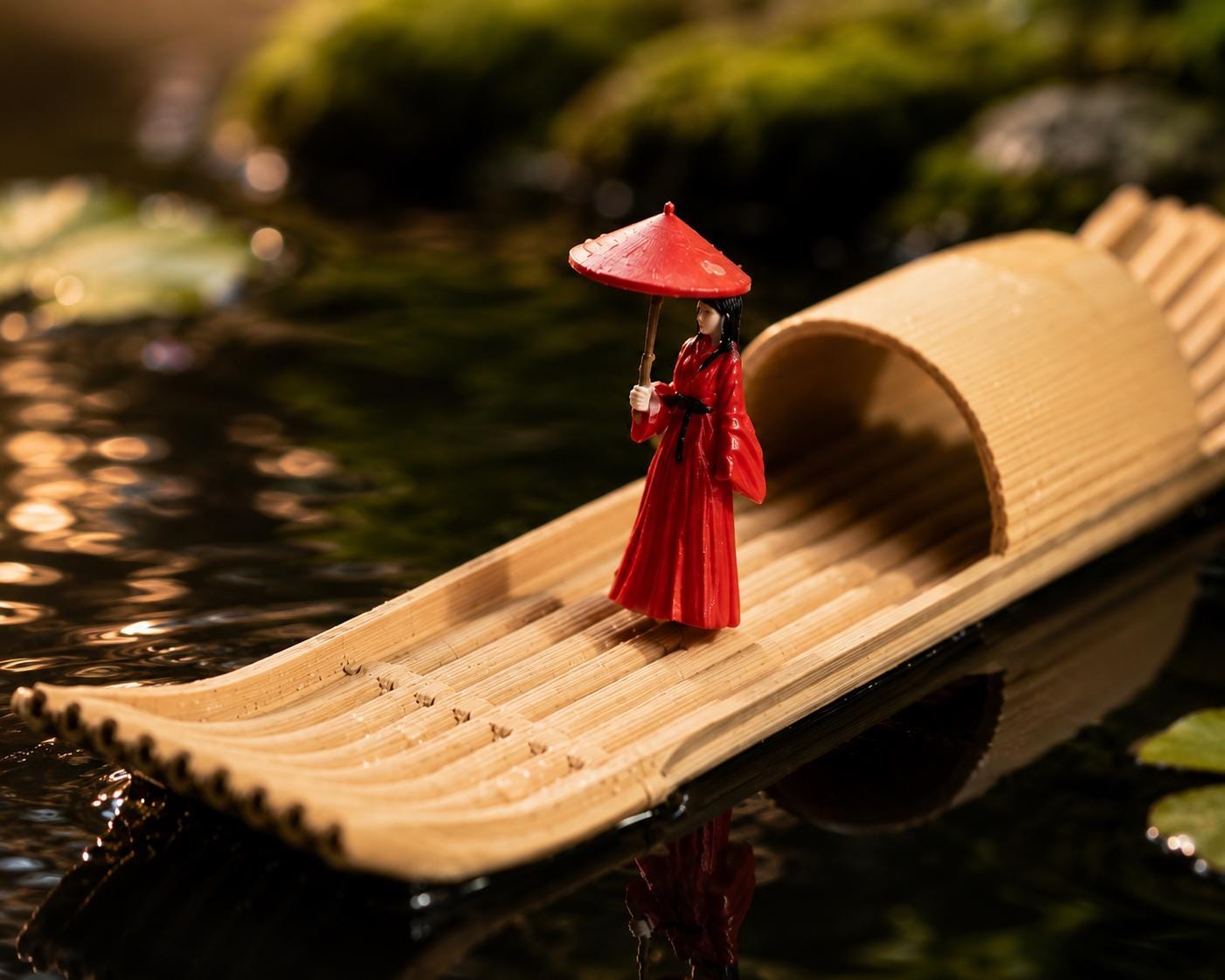 Miniature Bamboo Boat Decor, Japanese Zen Pond Accessory, Fairy