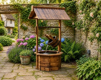 Rustic Wooden Wishing Well Garden Fountain, Outdoor Water Feature, Zen Decor