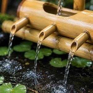 May include: A bamboo water fountain with water flowing from three spouts into a pond. The fountain is made of light brown bamboo and is surrounded by green lily pads. The water is clear and creates small ripples in the pond.