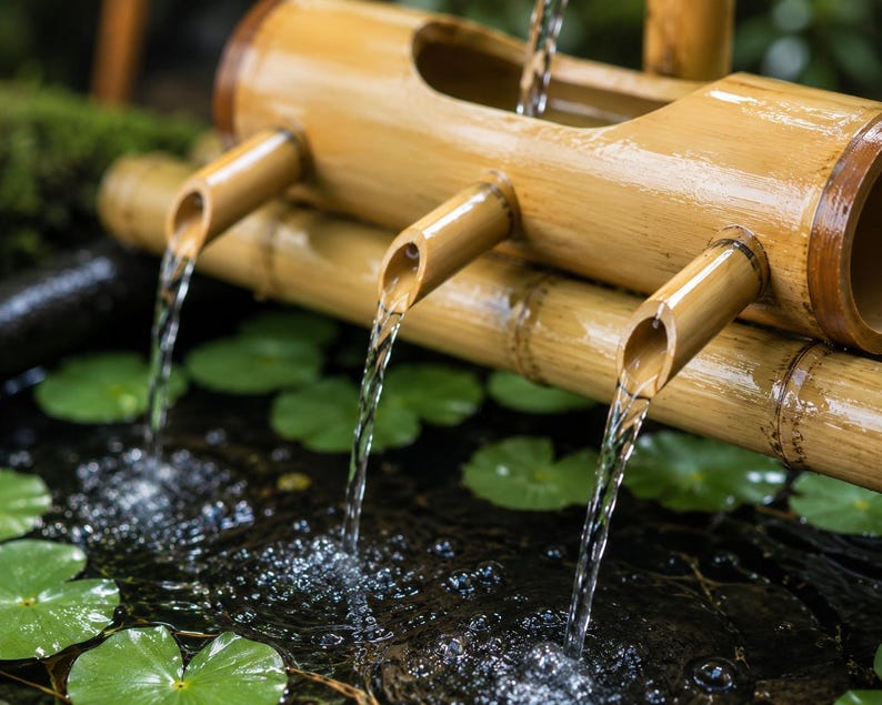May include: A bamboo water fountain with water flowing from three spouts into a pond. The fountain is made of light brown bamboo and is surrounded by green lily pads. The water is clear and creates small ripples in the pond.
