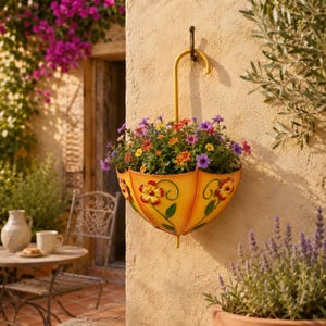 May include: A yellow umbrella-shaped wall planter featuring a curved handle and raised floral decorations in red and yellow. The planter is filled with a vibrant mix of purple, orange, and yellow flowers, creating a colourful display on a textured wall.