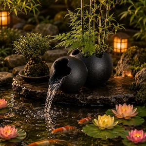 Könnte beinhalten: Eine ruhige Szene im Freien zeigt einen kleinen Wasserbrunnen mit einem schwarzen, kugelförmigen Design, der Wasser in einen Teich leitet. Der Teich ist mit Seerosen und bunten Koi-Fischen geschmückt. Laternen und üppiges Grün schaffen eine friedliche Atmosphäre.