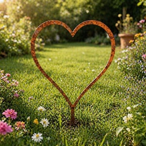 May include: A weathered, rusty metal heart-shaped garden ornament stands in a grassy lawn, surrounded by flowers. The heart is made of curved metal and has an orange-brown colour. The garden stake is a decorative feature.