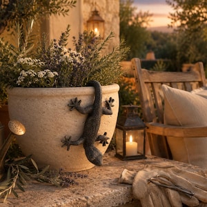 May include: A large, beige ceramic planter filled with greenery and purple flowers, decorated with a dark metal lizard sculpture. A vintage watering can and gardening gloves are nearby, suggesting a garden theme. A wooden chair and candle lantern are in the background.
