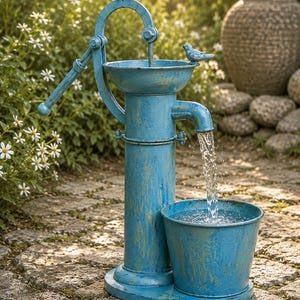 May include: A weathered blue water pump with a small bucket, set outdoors. The pump has a decorative bird perched on top and another on the side. Water flows from the spout into the bucket, suggesting a functional garden feature.