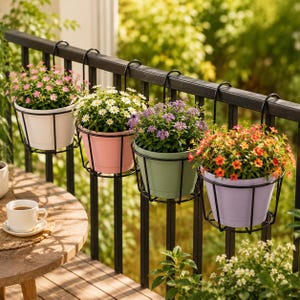 Black Metal Balcony Railing Planter Holder, Hanging Flower Pot Basket, Outdoor Decor