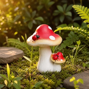 Peut inclure: Une figurine de champignon décorative avec un chapeau rouge à pois blancs et un pied crème. Deux coccinelles sont posées sur le champignon. L'ornement est dans un jardin verdoyant.