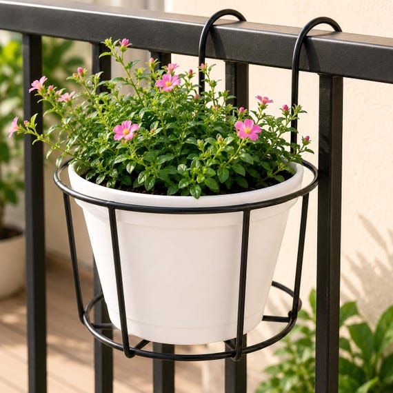 Schwarz Metall Balkon Geländer Pflanzer Halter, hängender Blumentopf Korb, Outdoor Decor