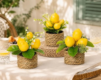 3 st konstgjorda citronväxter, arrangemang av citrusfrukter, flätad korg, köksdekoration