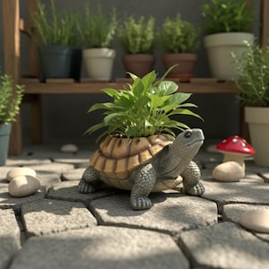 May include: A turtle-shaped plant pot with a brown shell and grey body, containing a green plant. The pot is on a stone patio, with other potted plants in the background. A red and white mushroom decoration is nearby.