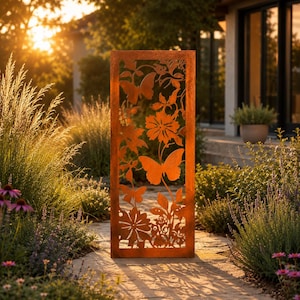 May include: A rectangular metal garden screen with a rust-colored finish featuring a laser-cut design of butterflies and various flowers. The panel is upright and displays intricate silhouettes of floral stems and winged insects throughout.