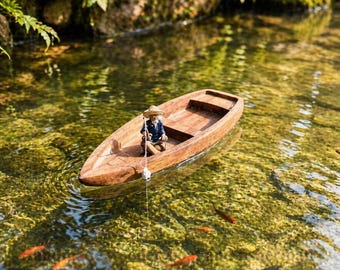 Mini barca da pesca in legno, decorazione per laghetto, ornamento per fontana da giardino zen.