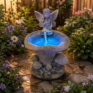 Puede incluir: Una fuente de jardín de hadas con una base de hongo y una cuenca de agua iluminada en azul. Una estatua de hada con alas extendidas se encuentra sobre la fuente. La fuente está rodeada de exuberante vegetación y flores, con mariposas cerca.