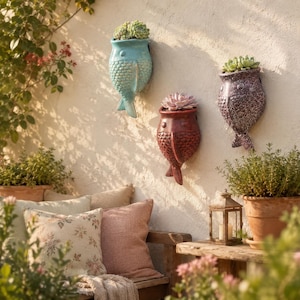 May include: Three wall-mounted ceramic planters shaped like fish, each containing a succulent plant. The planters are coloured in light blue, dark red, and a speckled dark purple, featuring textured scales and fins, mounted on a textured wall.