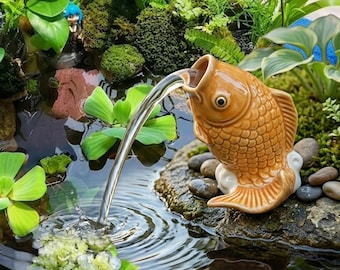Ceramic Fish Water Spitter | Zen Garden Pond Fountain Statue, Tabletop Accent