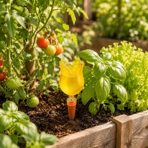 May include: A yellow, tulip-shaped plant watering globe with a terracotta spike inserted into dark soil. The device is positioned between a tomato plant with green and red tomatoes and a green basil plant in a wooden garden bed.