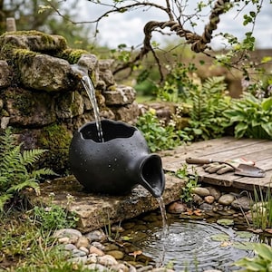 Puede incluir: Una fuente de agua negra y esférica con un pico, situada en un jardín. El agua fluye del pico a un pequeño estanque. La fuente se encuentra sobre una losa de piedra, con un muro de piedra y vegetación en el fondo.