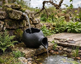 Moderne Schwarze Brunnen Tülle | Bio-Gartenteich-Wasser-Funktions-Akzent