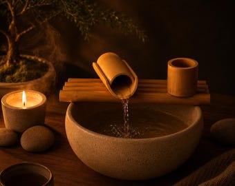 Fuente de mesa japonesa de bambú, decoración minimalista de spa zen, elemento acuático relajante para meditación.